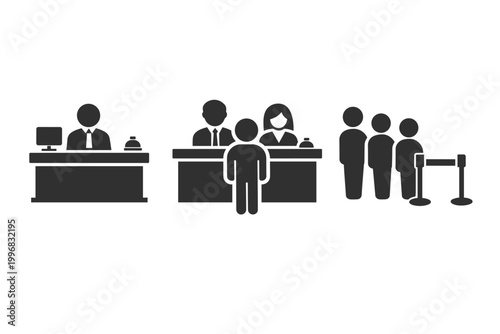 Reception Desk and Queue Line Icon Set Featuring Office Staff, Customer Service Representatives, Waiting People, and Information Counter for Business, Hotel, Bank, and Airport Service Concepts