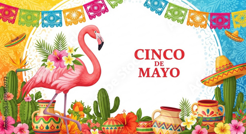 Cinco de Mayo celebration with a pink flamingo cacti and traditional Mexican decorations festive vector illustration for holiday invitations and party flyers