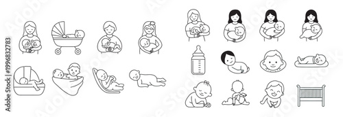 Line icons illustrating mothers and babies in various nurturing and daily life activities.