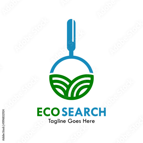 Eco Search logo featuring a magnifying glass integrated with green leaves. Professional symbol for environmental research, nature discovery, and sustainable technology solutions