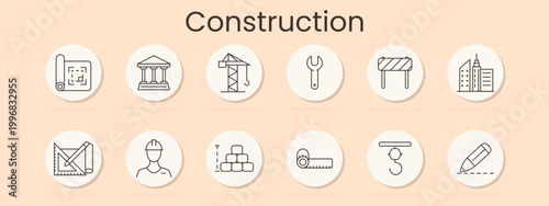 Construction set icon. Blueprint, courthouse, crane, wrench, barrier, skyline, drafting tools, engineer, bricks, tape measure, hook, pencil, architecture, building, renovation