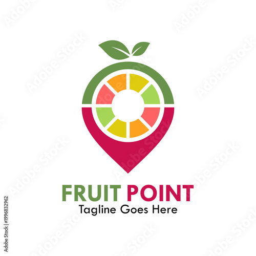 Fruit Point logo combining a location pin with a fresh citrus slice and leaves. Creative symbol for fruit markets, juice bars, healthy food delivery, and local organic shops.
