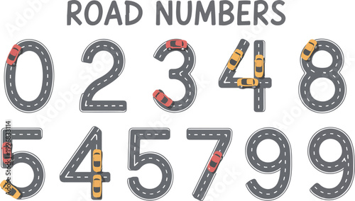 Road Numbers 0 to 9 Learning Illustration with Toy Cars Educational Kids Counting Design