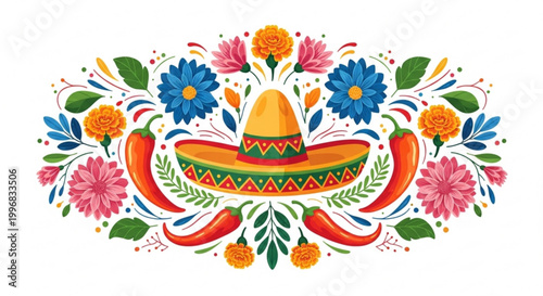 Vibrant Mexican sombrero surrounded by colorful flowers and chili peppers festive decoration for Cinco de Mayo and Day of the Dead celebrations flat vector illustration