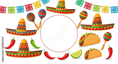 Fiesta celebration elements including sombreros maracas tacos chili peppers and lime slices with festive papel picado banners perfect for Cinco de Mayo