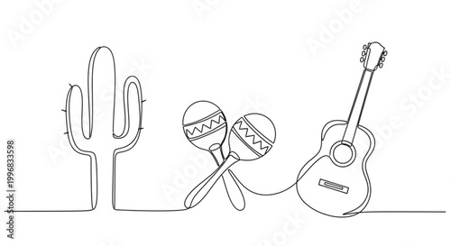 Continuous line drawing of a cactus maracas and acoustic guitar representing Mexican culture and music perfect for festive event design and cultural themes