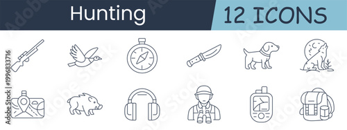 Hunting set icon. Rifle, bird, compass, knife, dog, wolf, map, boar, headset, hunter, gps, backpack, tracking, forest, wildlife, adventure, outdoors, survival