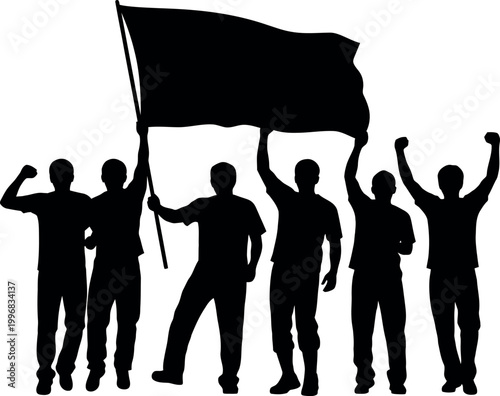 Protesters with flag raising arms in air.