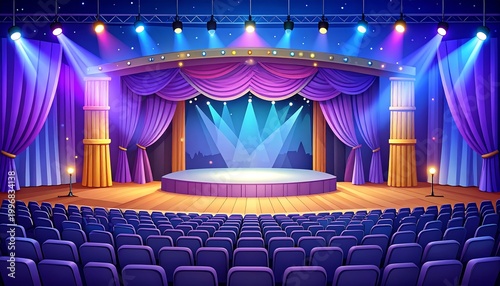 Cartoon depiction of a theater stage with purple curtains, spotlights, and rows of blue seating in an auditorium