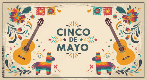Cinco de Mayo celebration banner with guitars pinatas and floral decorations festive vector illustration for holiday greetings and party invitations
