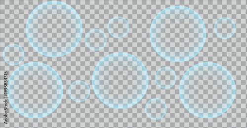 Many transparent bubbles on checkered backdrop.