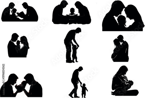 Parents reading to and holding children.