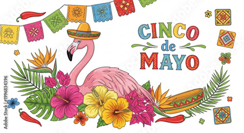 Festive Cinco de Mayo illustration with a flamingo wearing a sombrero surrounded by tropical flowers and Mexican papel picado banners perfect for holiday celebrations
