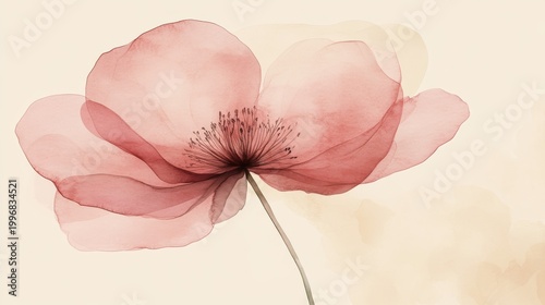 minimalist abstract pink flower with soft watercolor wash, simple botanical lines on beige background