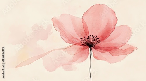 minimalist abstract pink flower with soft watercolor wash, simple botanical lines on beige background