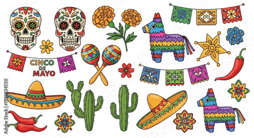 Mexican fiesta icons collection featuring sugar skulls maracas pinatas and sombrero for Cinco de Mayo celebrations isolated on white