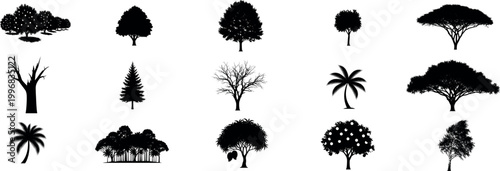 Graphic collection of black tree shapes.