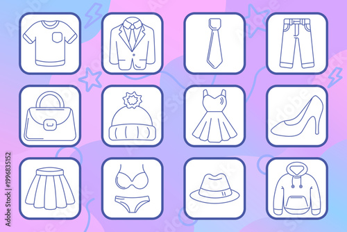 Education school set icon. Outline tiles, school building, calculator, open book, magnifier, crossed rulers, light bulb, apple, hearts, microscope, laptop play, beach ball, music note.