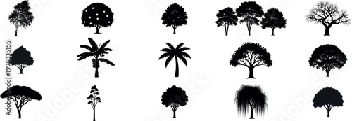 Collection of various tree silhouettes.