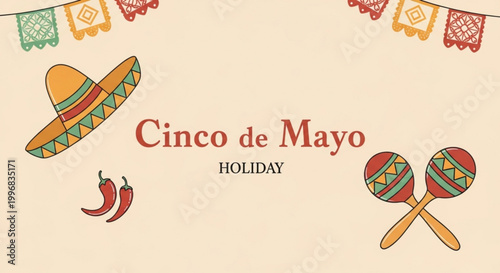 Cinco de Mayo celebration banner with sombrero maracas and chili peppers festive Mexican holiday graphic for invitations and decorations