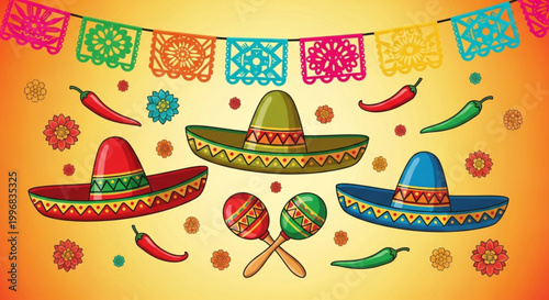 Vibrant Mexican fiesta decoration with sombreros maracas and chili peppers perfect for Cinco de Mayo celebrations and cultural events