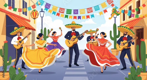 Mexican mariachi band and dancers celebrating in a vibrant street festival traditional cultural event illustration for Cinco de Mayo and Day of the Dead