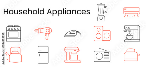 Household appliances set icon. Stove, hairdryer, iron, speakers, coffee maker, blender, airconditioner, kettle, refrigerator, mixer, radio, ricecooker, home electronics, kitchen routine