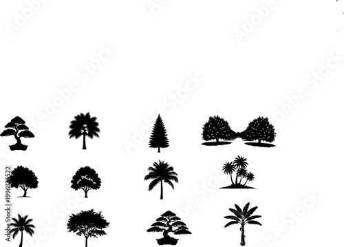 Exotic and temperate tree silhouette set.