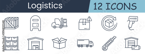 Logistics set icon. Collection with wooden crate, mailbox, forklift, warning parcel, return box, barcode scanner, storage shelves, warehouse, open carton, delivery truck, cutter knife, hangar.