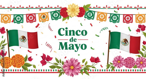 Cinco de Mayo celebration with Mexican flags papel picado banners and vibrant flowers festive vector illustration for holiday greetings and decorations
