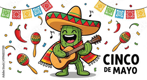 Happy cartoon cactus wearing a sombrero and playing guitar celebrating Cinco de Mayo with maracas and confetti festive illustration for Mexican holiday