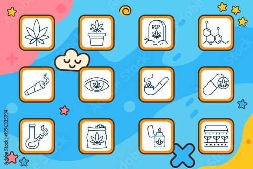 Cannabis drug icon. Marijuana leaf, potted plant, rip tombstone leaf, chemical formula, rolled joint, eye, smoking pipe, capsule, bong flask, cannabis bag, lighter, greenhouse seedlings