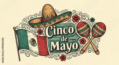 Cinco de Mayo celebration graphic with Mexican flag sombrero maracas and floral elements perfect for festive invitations and decorations