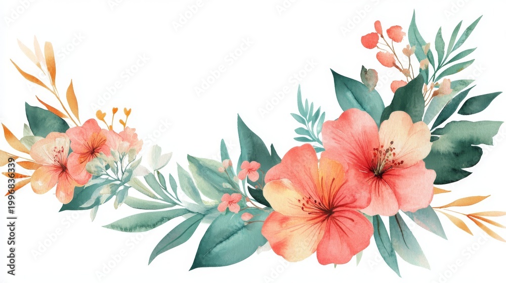 Obraz premium elegant watercolor clipart of exotic flowers and botanical leaves, arranged in corner frame with light transparent texture