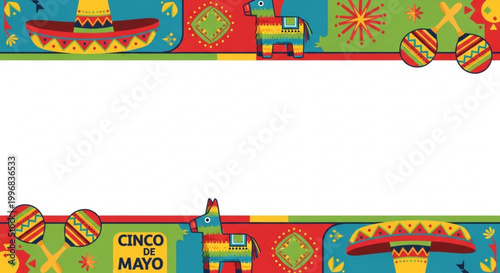 Cinco de Mayo festive border with sombrero pinata and maracas colorful Mexican celebration graphic for invitations and decorations