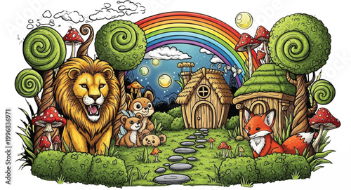 Fantasy Lion Fox and Bears in a Whimsical Storybook Landscape
