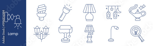 Lamp set icon. Collection with spiral bulb, flashlight, table, hanging lanterns, magic, wall sconce, desk, bedside, floor, magnifier with bulb.