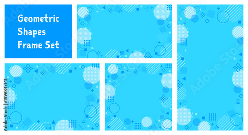 おしゃれな幾何学模様のブルーの背景セット。図形とドット・ストライプのフレーム。16:9・縦型・正方形。