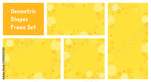 おしゃれな幾何学模様のイエローの背景セット。図形とドット・ストライプのフレーム。16:9・縦型・正方形。
