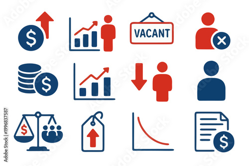 Inflation labor market impact Icon Set include inflation arrow up, wage chart, job vacancy board, unemployment icon, currency stack, cost of living graph, hiring decline arrow, worker silhouette