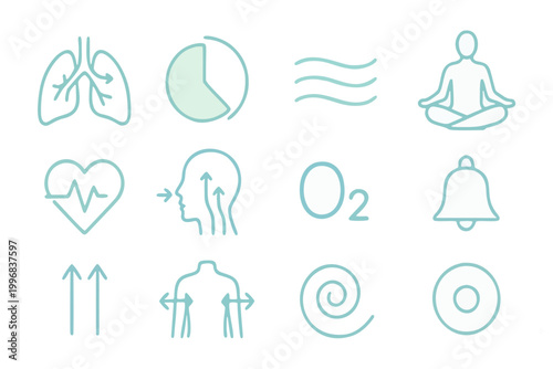 Breathing exercises emotional balance Icon Set include inhale exhale lungs diagram, breathing timer circle, calm wave lines, mindfulness pose, heart rate icon, stress release arrows