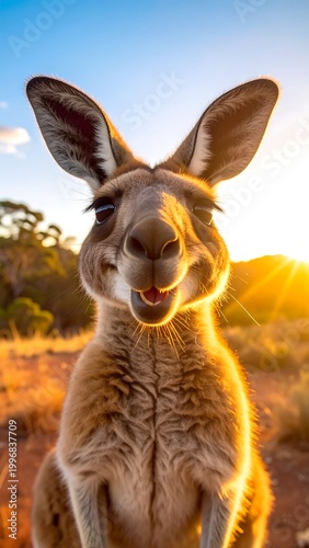 Close-up of a smiling marsupial with large ears, illuminated by golden sunlight against a soft, bright sky backdrop