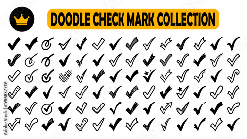 Large set of 84 hand-drawn doodle check marks. Features diverse sketchy, bold, and circled tick icons. Ideal for checklists, task apps, and creative projects to show completion and success.