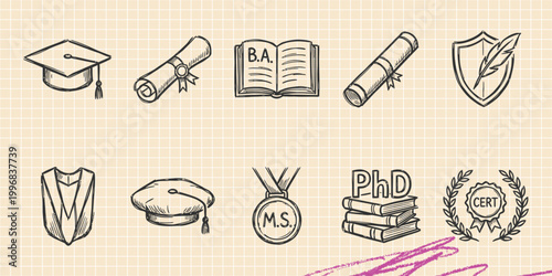 Black ink scribble doodle vector vintage hand drawn set of education and graduation elements with diploma cap and shield