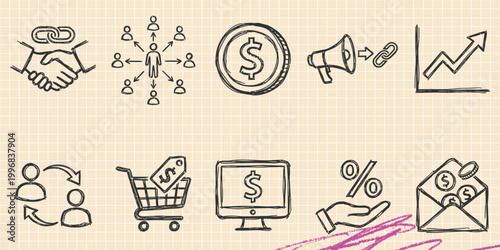 Black ink scribble doodle vector vintage hand drawn set of business finance marketing and strategy icons
