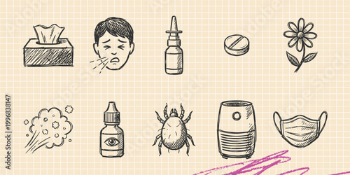 Black ink scribble doodle vector vintage hand drawn illustration of human senses allergy and health symptoms