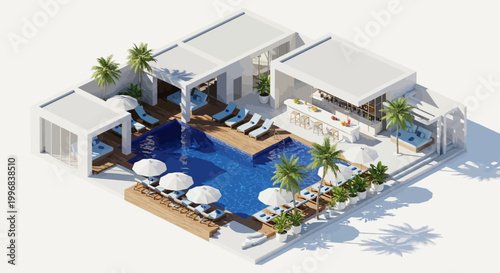 Overhead isometric view of a luxury resort featuring a swimming pool surrounded by lounge chairs and palm trees, presented with bright, clean lighting against a pure white background