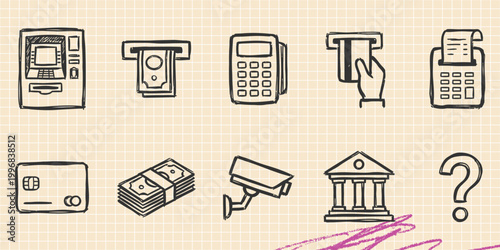 Black ink scribble doodle vector vintage hand drawn set of banking finance ATM credit card and safe boxes