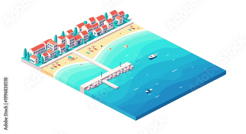 Isometric illustration of a coastal town featuring houses with red roofs along a sandy beach and a pier extending into the blue ocean, rendered in a bright, cheerful style against a white