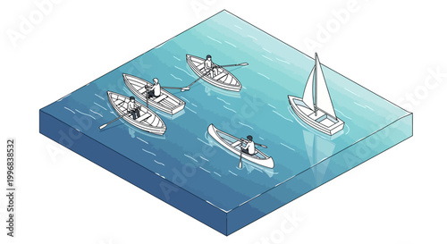Isometric illustration shows people rowing in different types of boats, including a canoe, rowboats, and a sailboat, on a blue water body, conveying a peaceful and recreational mood
